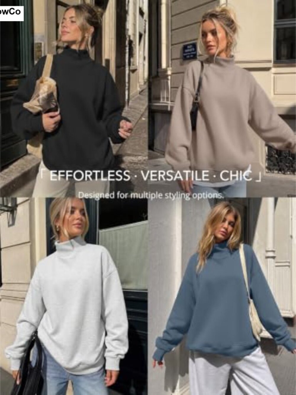 Womens Oversized Mock Neck Sweatshirt Cotton Blend Pullover Casual Fall - Picture 5 of 5